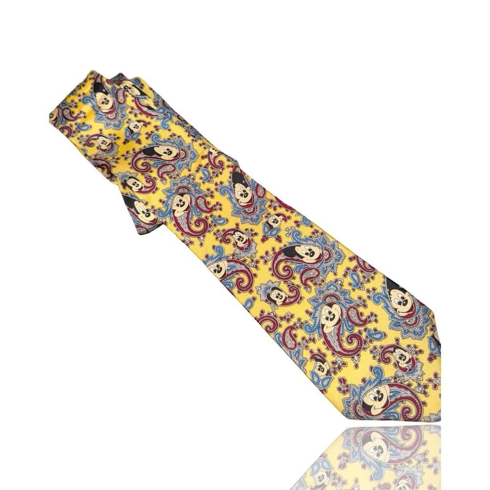 Vintage Disney Mickey Mouse Paisley Silk Tie Yellow Unisex Classic